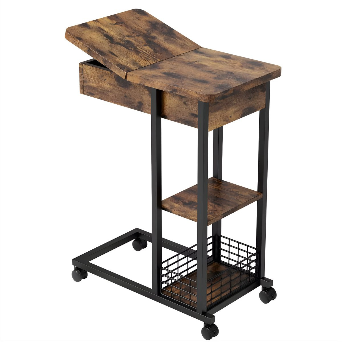 Happiq Bijzettafel met opklapbaar blad, opbergplank en wielen, Bruin