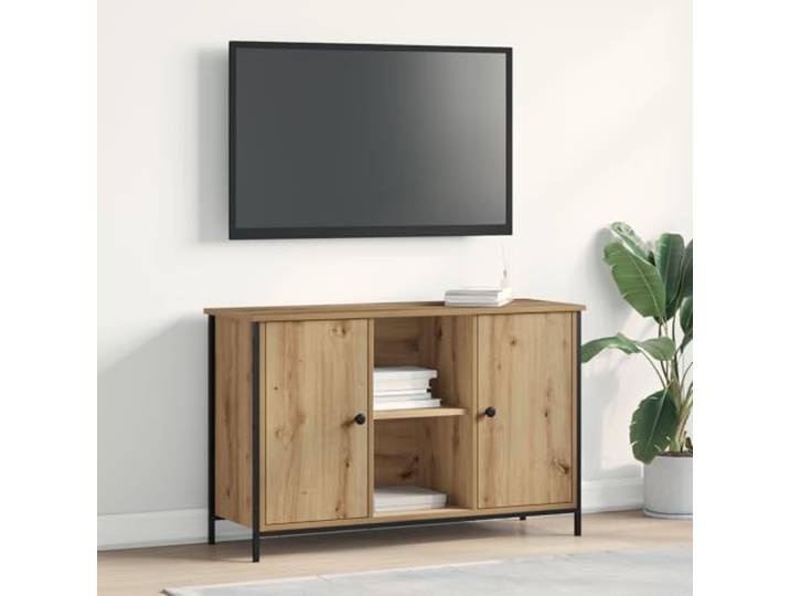 HEFZGDB TV-Schrank Schwarz Eiche 101x35x65 cm Holzwerkstoff und Stahl mit DREI Fächern und Zwei Türen - Modernes Entertainment-Center mit robustem Metallrahmen und viel Stauraum