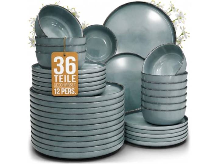 Steingut Geschirrset 12 Personen Rustic 36 tlg. TESTSIEGER, Hochwertiges Landhaussttil Steingut Geschirr Set, Schüssel- und Teller Set, Tafelservice 12 Personen, Geschirrsets Pure Living in Rauchblau