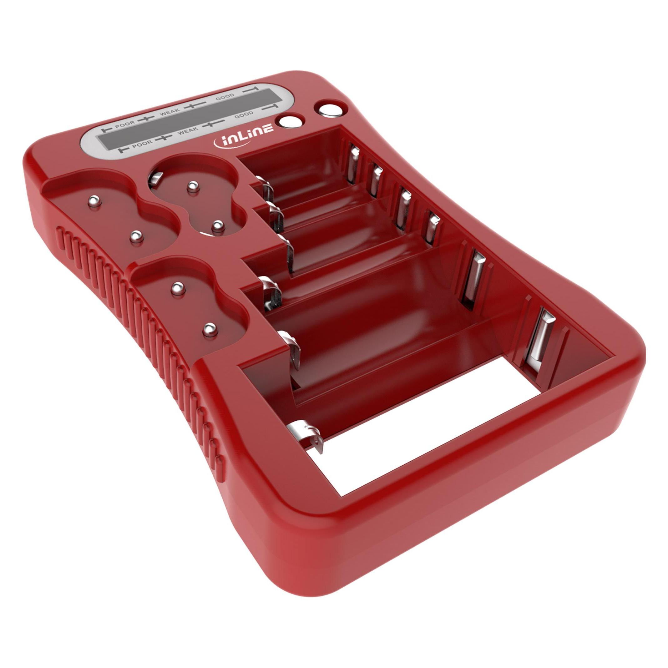 InLine Batterietester mit LCD-Anzeige, für Rund/Knopfzellen sowie 9V-Block, rot (01285R)
