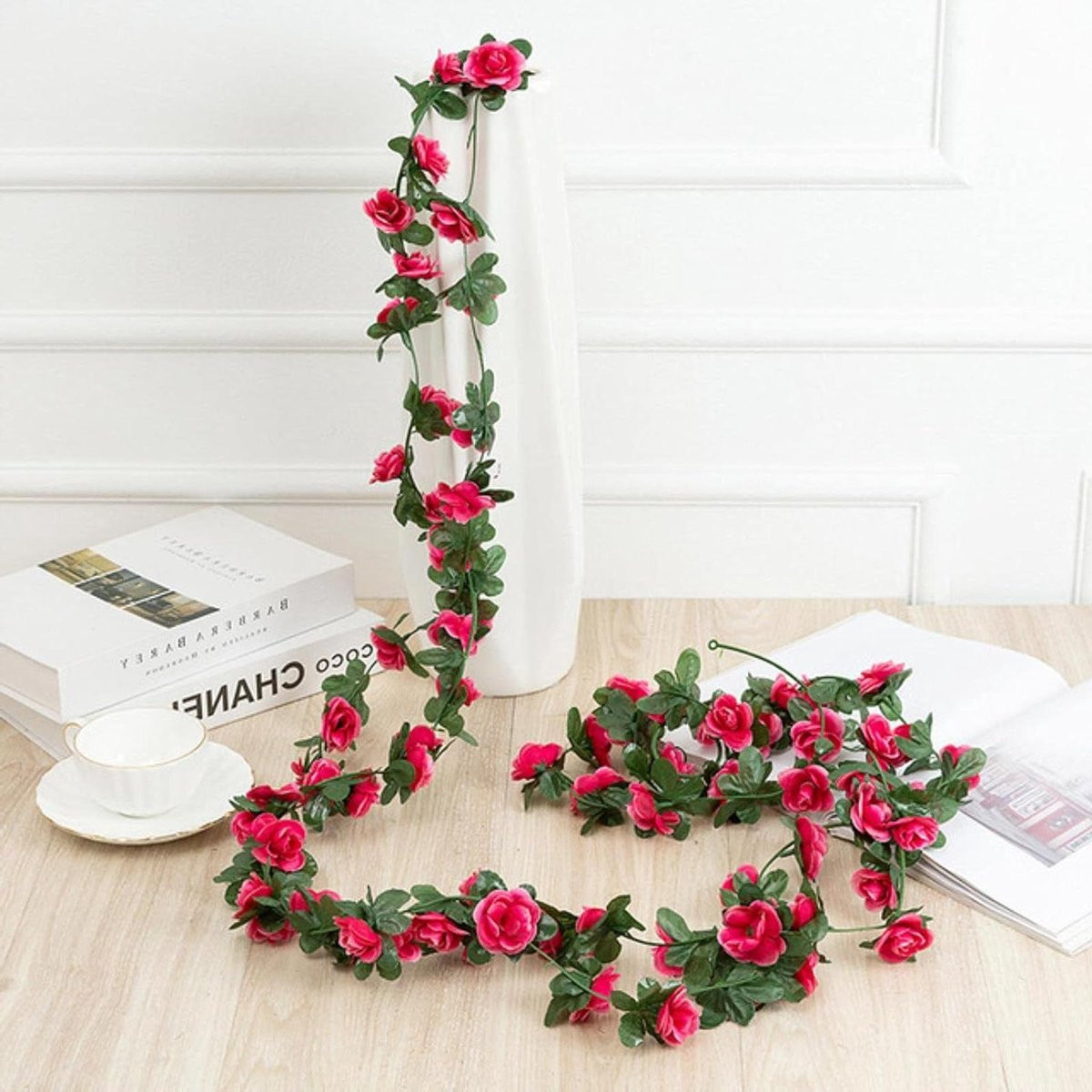 Kunstbloemen Klimop met Rozen - Zijden Bloemen Guirlande voor Woondecoratie - Rose Red - 2,2 m