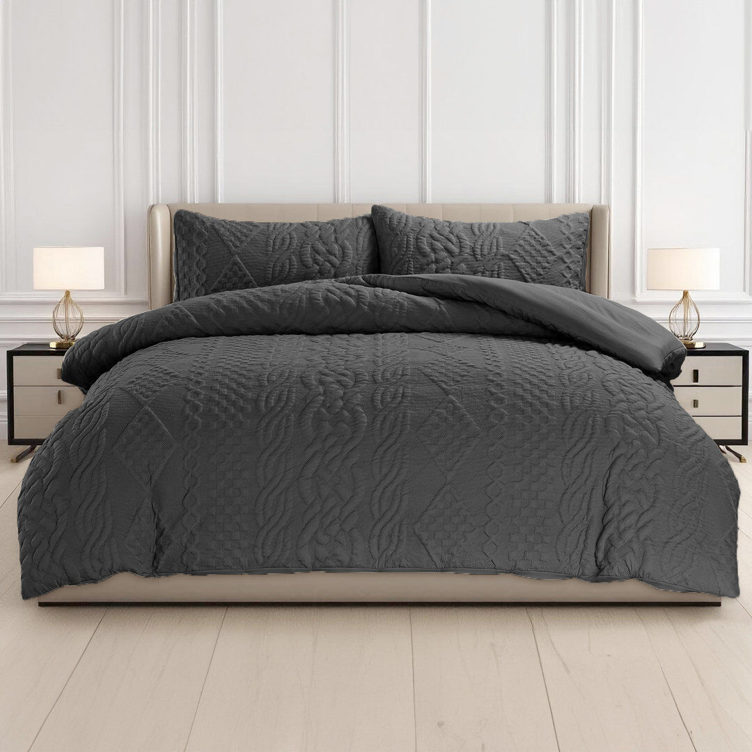 Velosso 3D Embossed Chunky Quilted Knit Pattern Duvet Set Beige Super King Duvet Cover + 2 Pillowcases