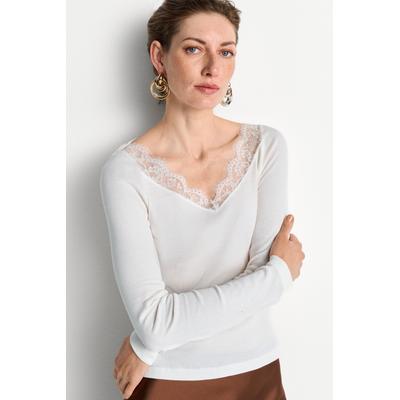 Longsleeve RICHROYAL, Damen, Gr. XL, weiß (pearl weiß), Rip Jersey;Spitze, Obermaterial: 98% Viskose, 2% Elasthan, slim fit, V-Ausschnitt, Shirts, elaganter V-Ausschnitt mit Spitze