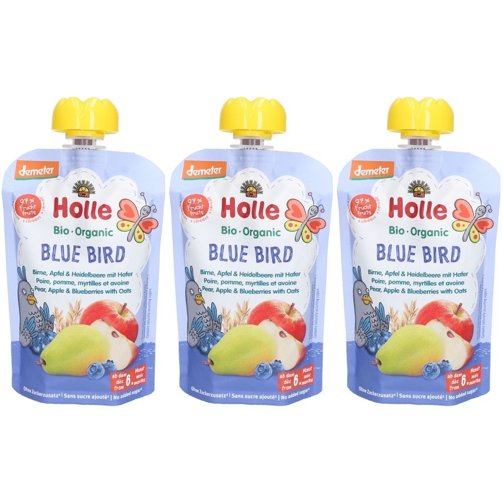 Holle Blue Bird Trinkflasche Birne, Apfel, Heidelbeere und Hafer bio x3 3x100 g Brei
