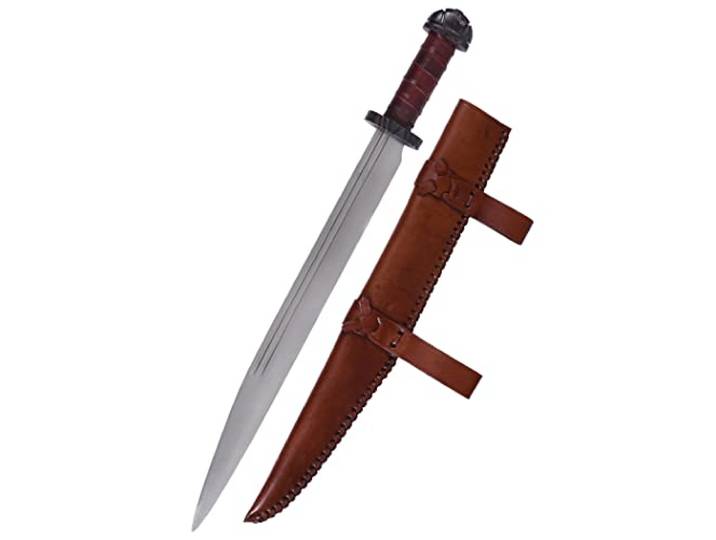 Battle-Merchant Dekoratives Wikinger-Langsax inkl. Lederscheide Lederband umwickelter Holzgriff, Stahl Parier u. Knauf, Deko Mittelalter Messer, Saxmesser, Frühmittelalter