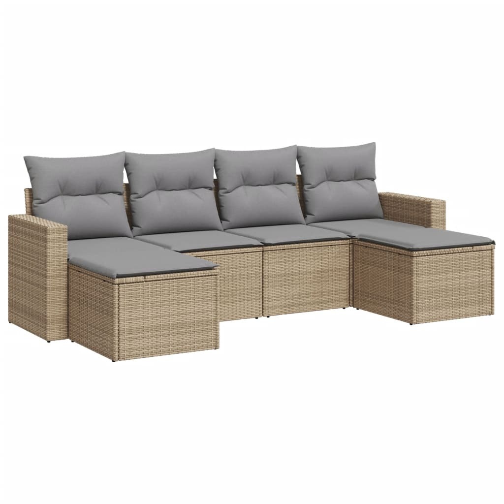 Modulares Gartensofa Set, 6-teilig, mit Stauraum, wasserabweisenden Beuteln, Poly Rattan Beige, UV-beständig, Hellgraue Kissen