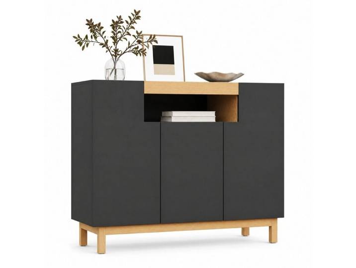 Buffet de rangement – 3 portes – niche ouverte – noir et décor bois