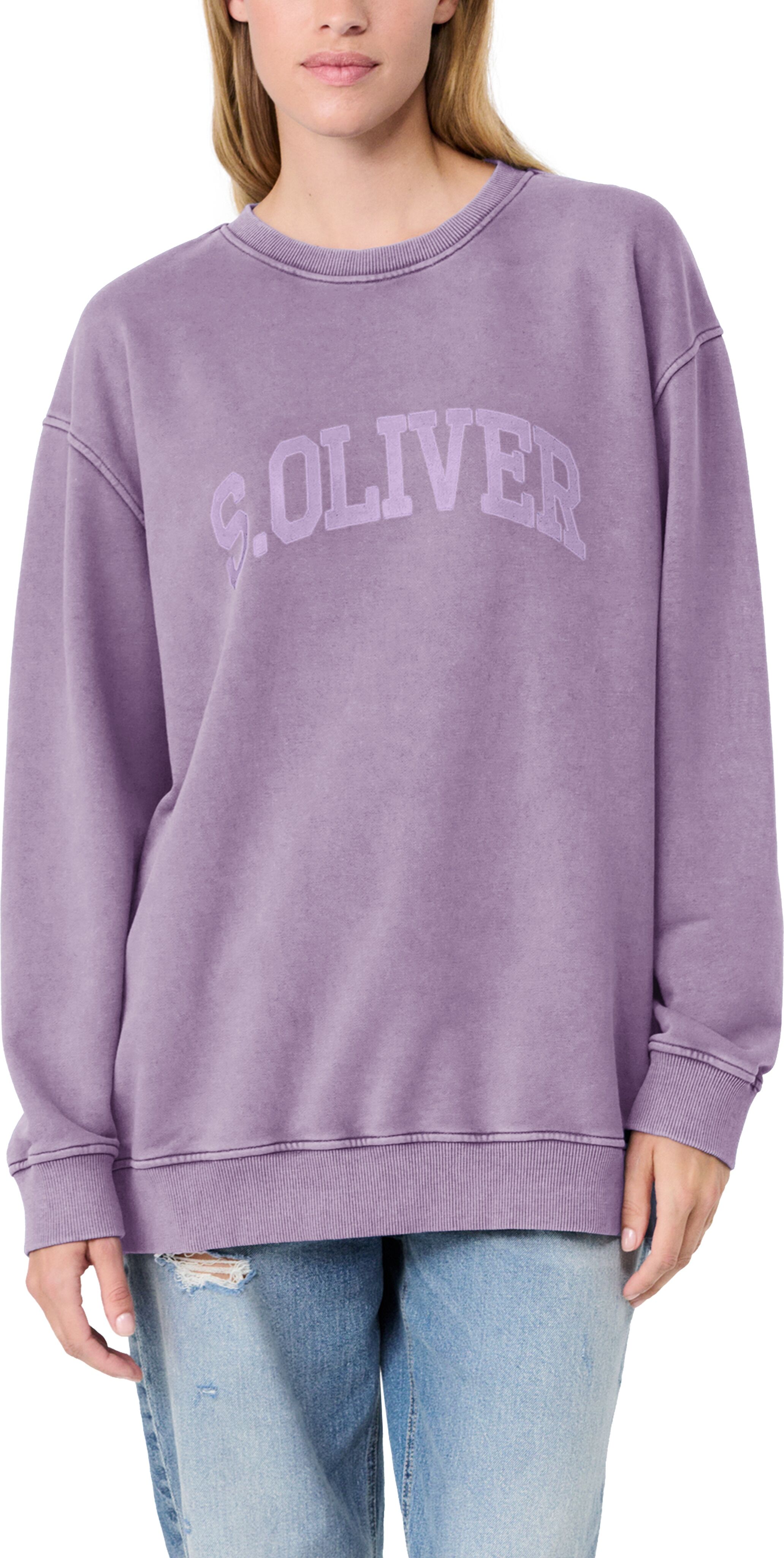 Sweater S.OLIVER "s.Oliver X Heidi Klum Logo Sweater Uni", Damen, Gr. 46, soft lavender, Sweatware, Obermaterial: 80% Baumwolle, 20% Polyester, bedruckt, bequem hüftbedeckend, Rundhals, Bündchen, Sweatshirts Sweater, mit Logo-Print