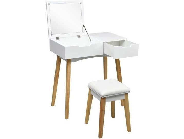 GIANTEX Coiffeuse avec Tabouret et Miroir Rabattable Coiffeuse en Bois avec Tiroir Facile à Monter pour Chambre Salle de Bain Blanc