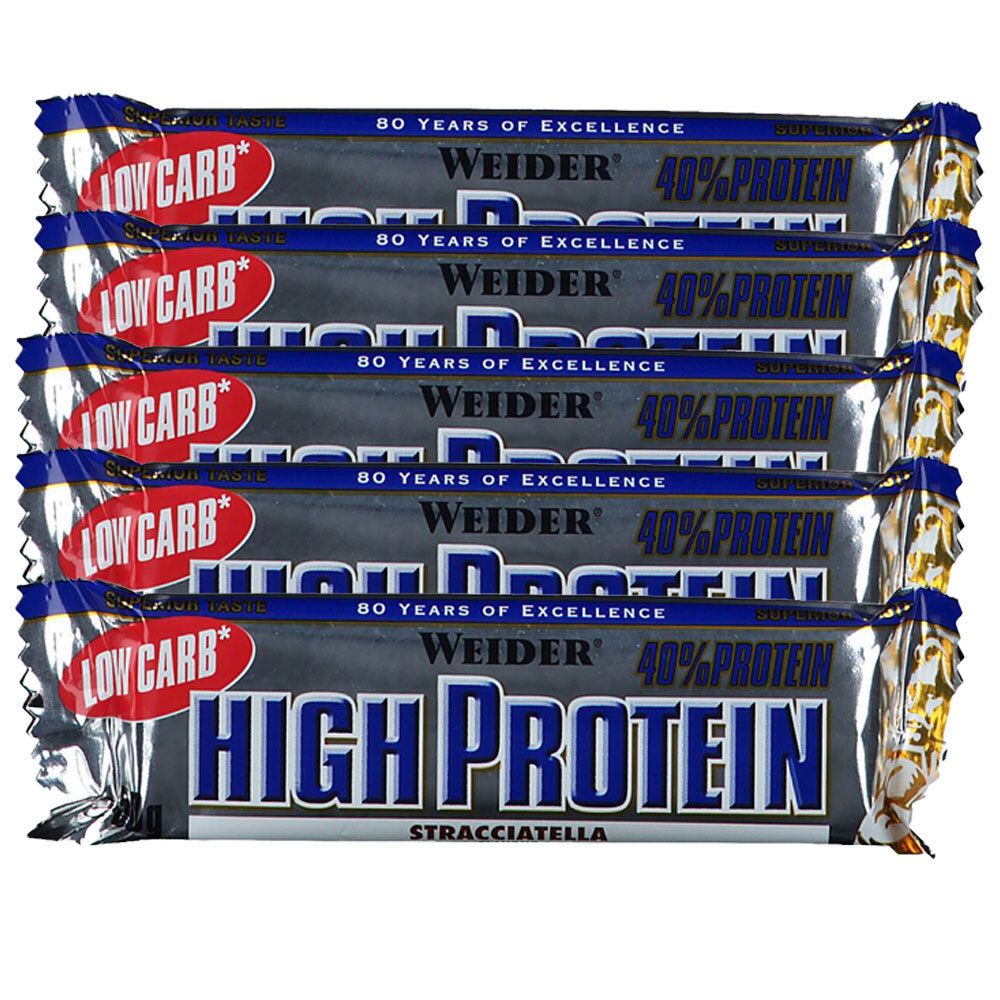 Weider 40 % High Protein Low Carb, Stracciatella, Riegel 5x50 g