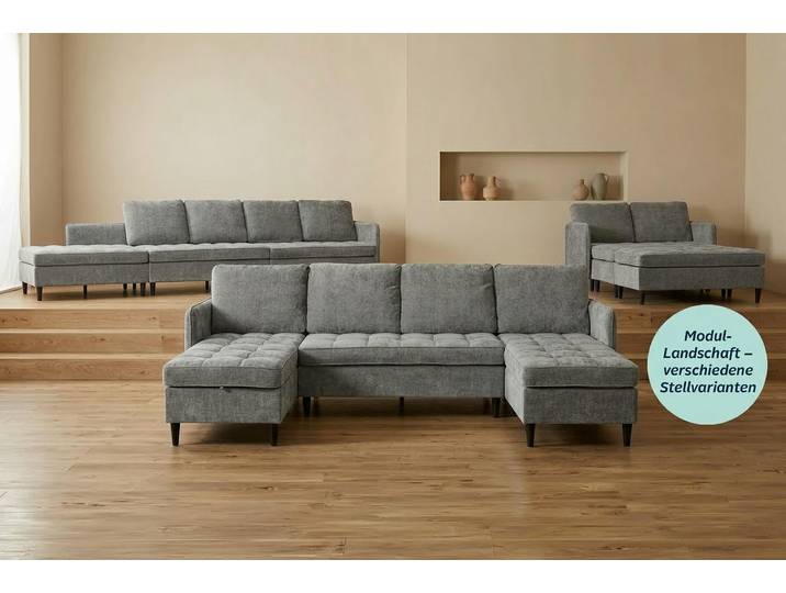 Wohnlandschaft DOREL HOME LINDHUS, Chenille, Modulsofa, verschiedene Stellvarianten , grau, B:254cm H:80cm T:127cm, 100% Polyester, Sofas, Wohnlandschaft, canapé modulaire fixable avec connecteurs, méridienne, espace de rangement