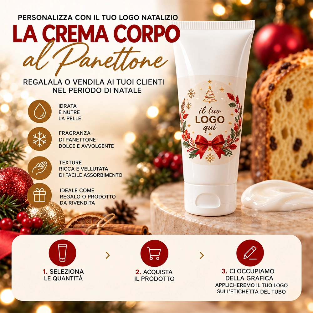 Tuttoperlestetica Crema corpo al Panettone personalizzata con il tuo logo – 100 ml 100 Tubi (2,65€ cad.)