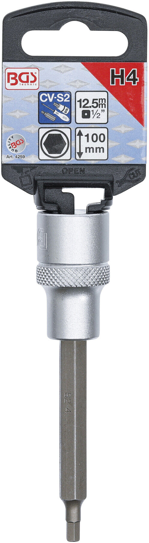 BGS Bit-Einsatz 4259, Länge 100 mm, Antrieb Innenvierkant 12,5 mm (1/2"), Innensechskant 4 mm ; BGS technic)
