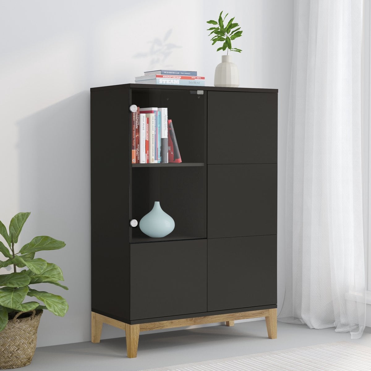 Pelle-Highboard met 4 deuren in Grijs/Wotan Eiken