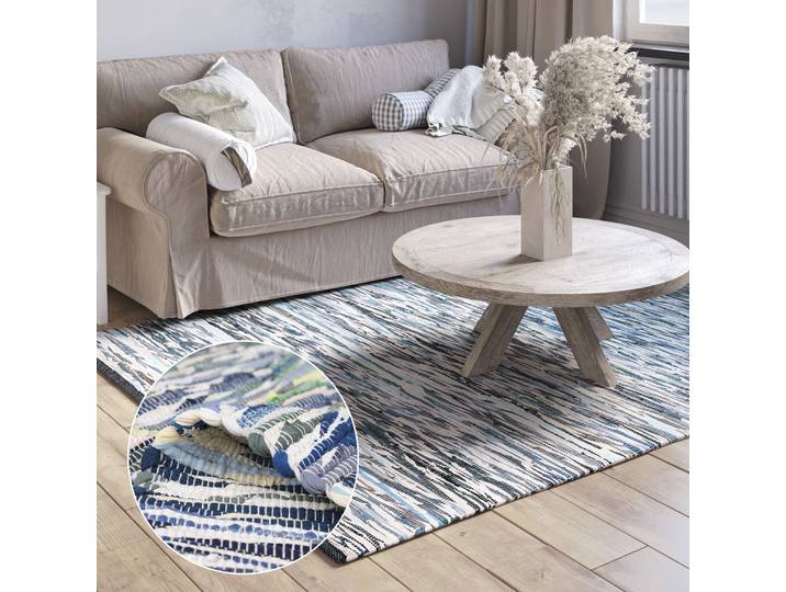 Teppich Ameer , blau (grau, blau mix), B:60cm H:10mm L:110cm, Baumwolle, Polyester, MYFLAIR MÖBEL & ACCESSOIRES, Teppiche, Teppich, Handweb Teppich, 90% Baumwolle, handgewebt, Scandi