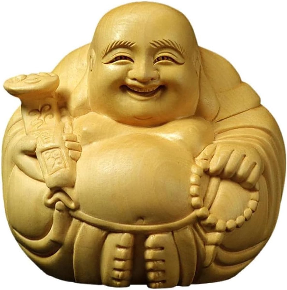 Lachende Boeddha Boeddhabeeld van Buxushout voor op tafel, Hoogte: 7 cm