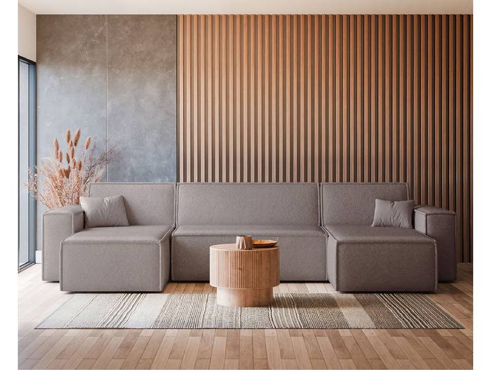Wohnlandschaft mit Schlaffunktion Braun/Braungrau Teddystoff Quila 312 x 83 x 145cm Longchair beidseitig montierbar mit Schlaffunktion Modern