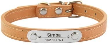 Uplift Essentials Executive Personalized ID Leather Pet Collar khaki xxs