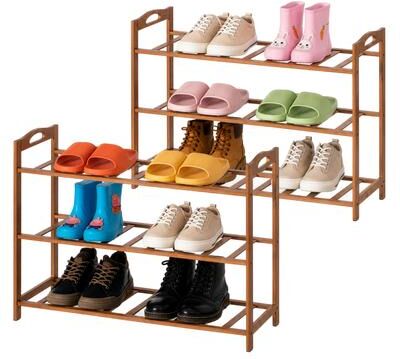 Basicwise Bamboo Shoe Rack with Open Shelves Set of 2 Natural Footwear Organizer & Shoe Stand for Entryway Bedroom Closet