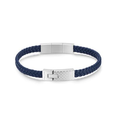 Armband POLICE "Intersect", blau, edelstahlfarben, Armbänder, Herren, 22cm, Edelstahl Leder, Edelstahl, Leder, Armband