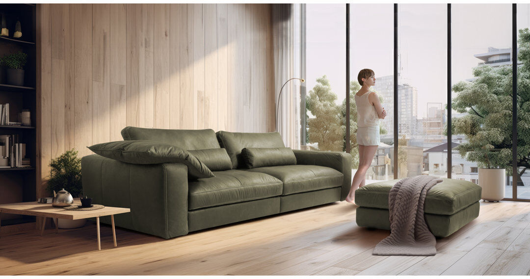Ebern Designs Parven 4 Seater Genuine Aniline Leather Big Sofa Green 85cm H X 300cm W X 123cm D