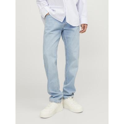 Tapered-fit-Jeans JACK & JONES "JJIMIKE aus elastischem Material und Used-Waschung", Herren, Gr. 28, Länge 32, blau (blau, denim), Denim/Jeans, Obermaterial: 99% Baumwolle, 1% Elasthan, bequem lang, Jeans, Denim/Jeans, modisch, bequem, Baumwollmischung