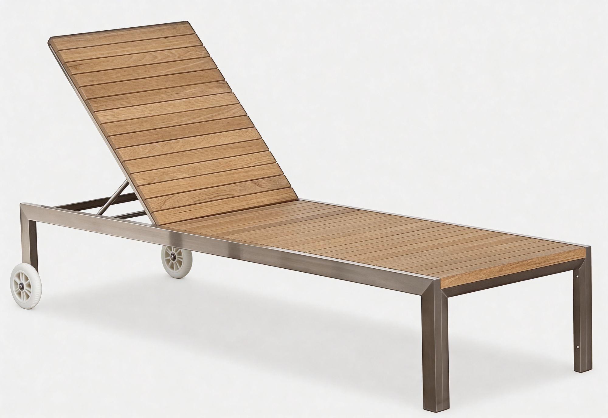 ALEOS. Designer Sonnenliege aus Edelstahl A-Grade Teak Holz Gartenliege Strandliege, Liege 5-fach verstellbar, wetterfest, langlebig, mit Rollen, für Pool Terrasse, Outdoor, Gastroqualität