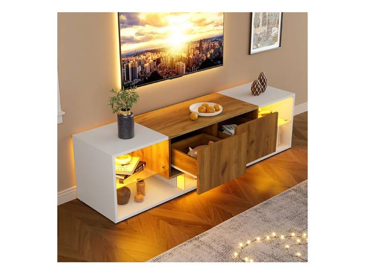 STILVORA Lowboard Wohnzimmer TV-Schrank weiß mit LED, Glasplatten-Aufbewahrungsplattform (Fernsehschrank, TV-Board, 1 St., Spanplatte), mit Glasplatten-Aufbewahrungsplattform und 2 Schubladen