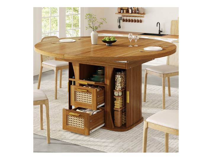 OKWISH Esstisch für moderne Wohnräume (mit Stauraum,mit Rattan-Schubladen, 1-St., 118-158*118*77.1cm)