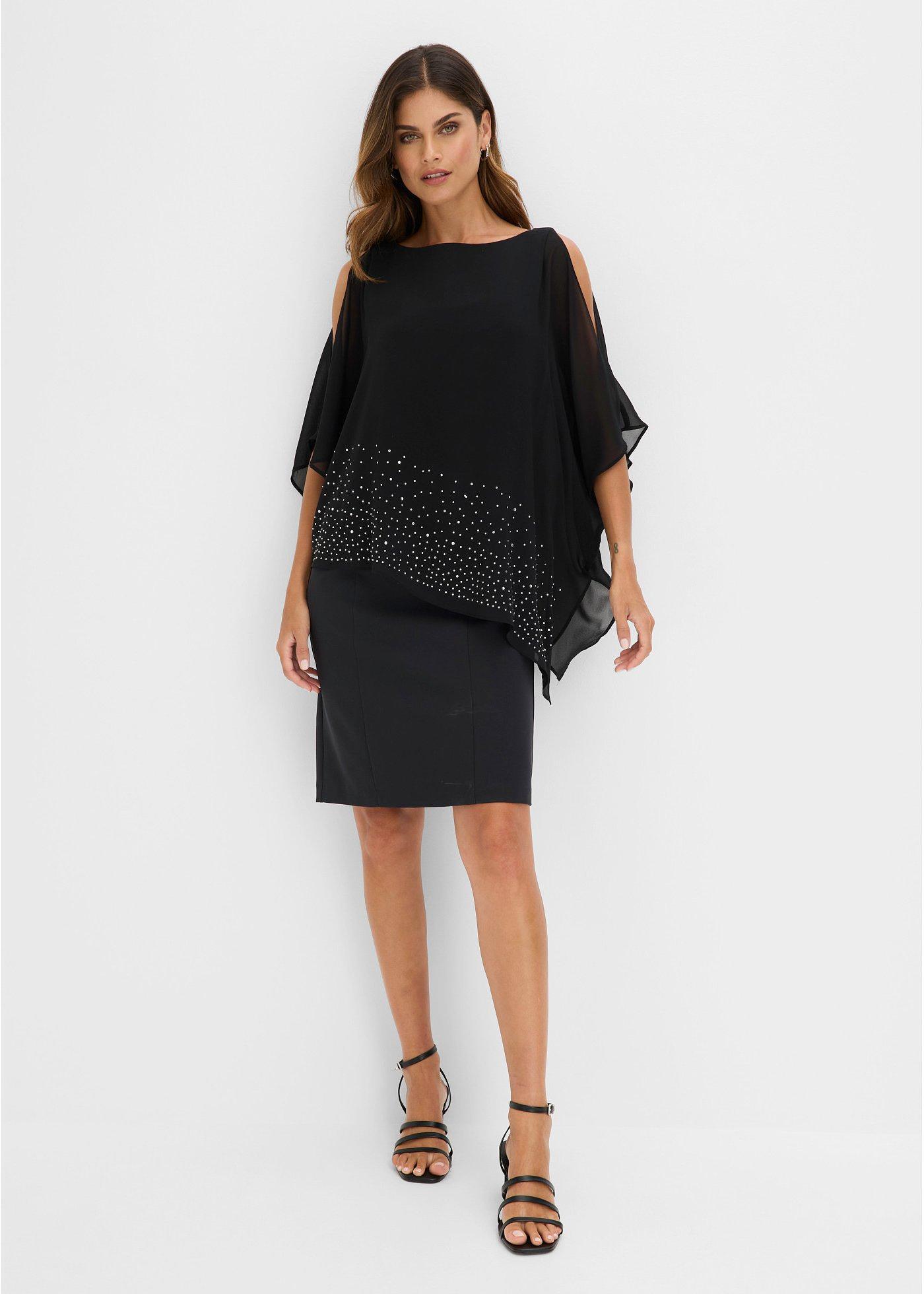 bonprix Etuikleid mit Glitzersteinen, schwarz, Gr.44, Apartes Lagen-Kleid mit opulenter Glitzersteinapplikation