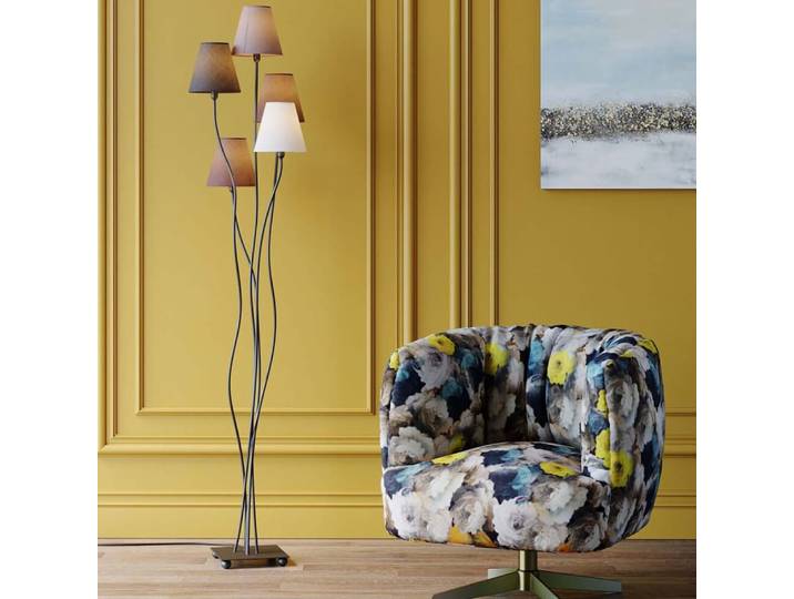 Lampadaire en acier noir 5 abat-jours en coton marron h163
