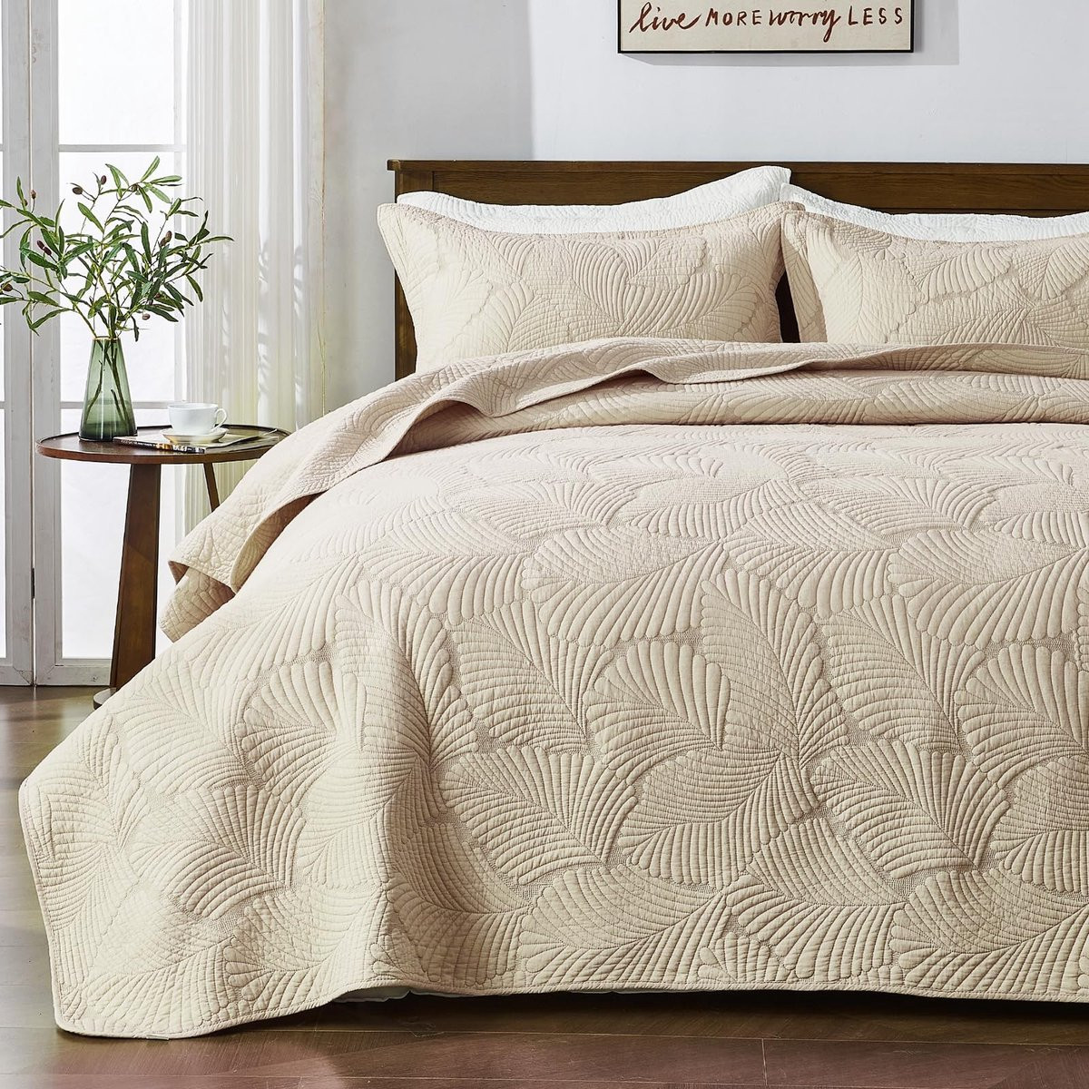 Dailygoods Beige Gewatteerde Sprei Set met Palmbladpatroon - 3-delig