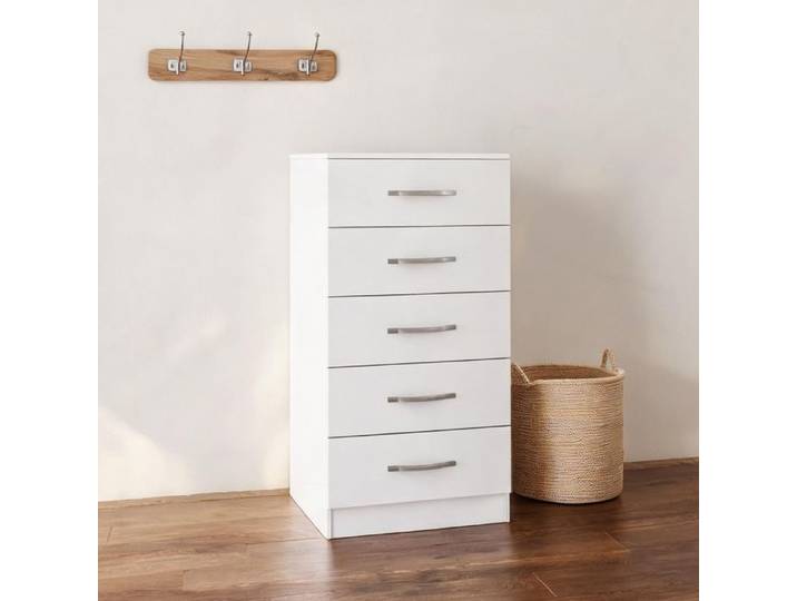 Commode étroite 5 tiroirs 40 cm style intemporel panneaux de particules blanc