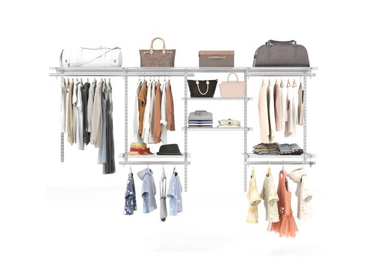 Étagère Murale Extensible COSTWAY-Système de Rangement pour Placard 122-244 CM-Organisation de Placard Réglable avec Tringle-Blanc