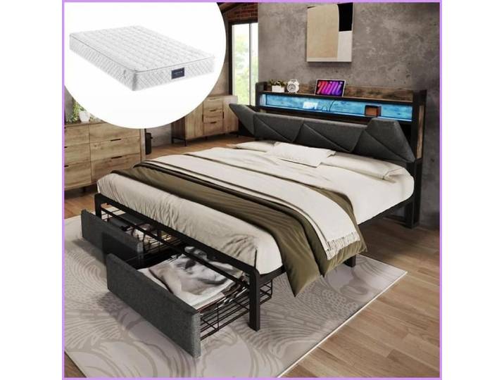 Bett double complet 140x200 - Tête de lit rangement chargeur USB-C LED tiroirs - Gris