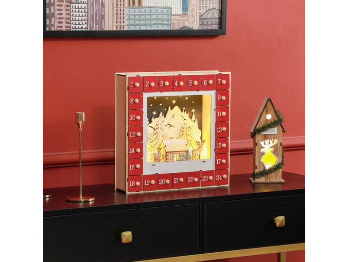 HOMCOM Calendrier Avent Bois LED 24 Tiroirs Rouge Noël