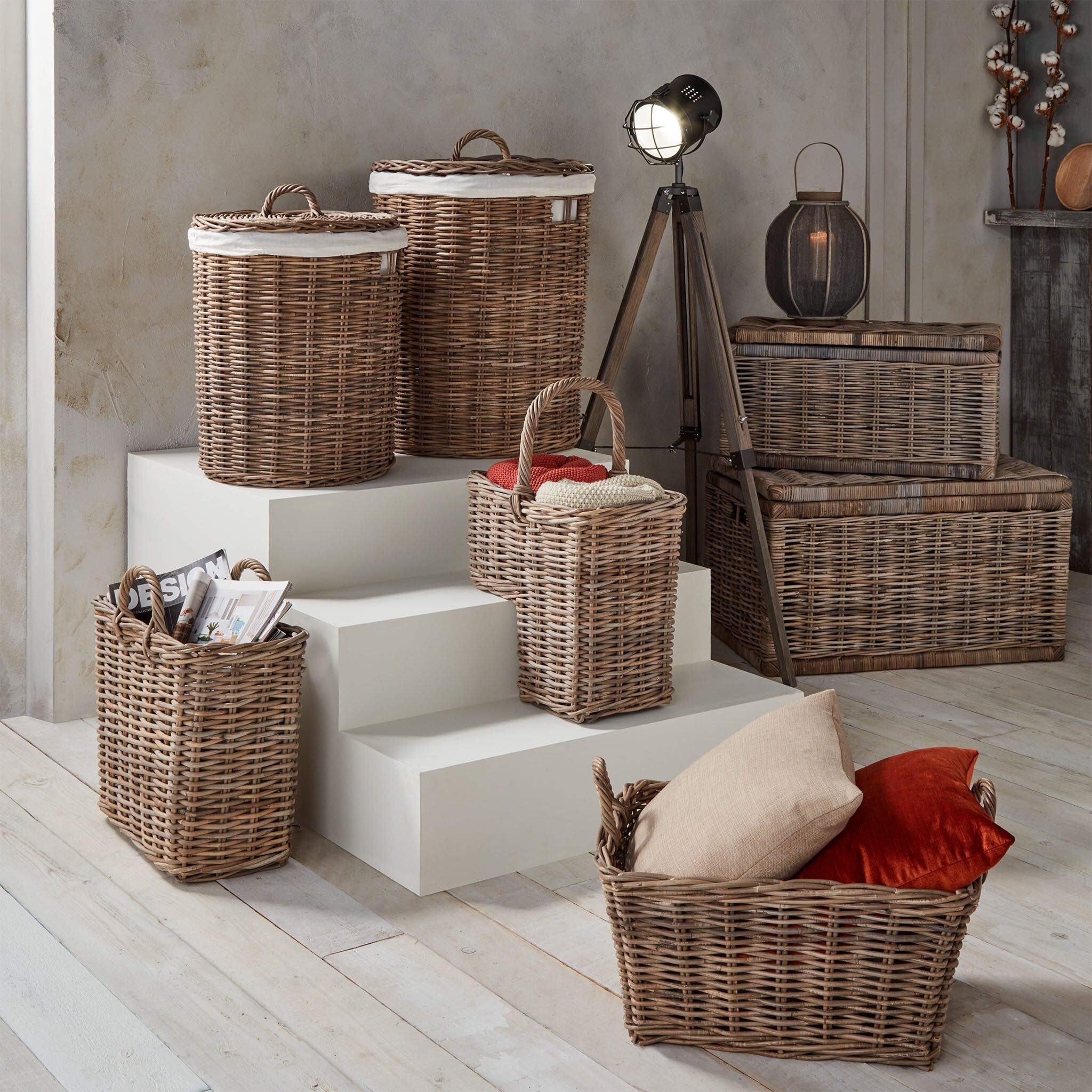 Pacific Lifestyle - Bali Grey Kubu Set of 2 Round Lined Linen Baskets