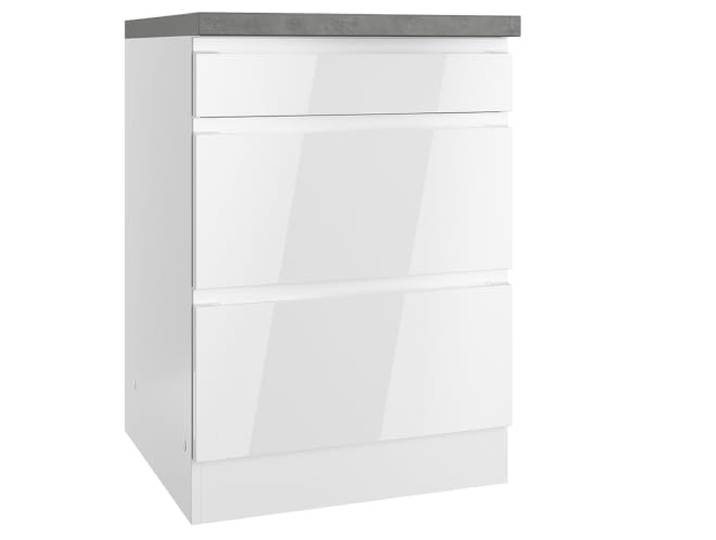 Lomadox Kochfeldumbauschrank 60 cm, Hochglanz weiß, Arbeitsplatte Betonoptik 1 Blende, 2 Auszüge Arbeitsplatte ohne Ausschnitt