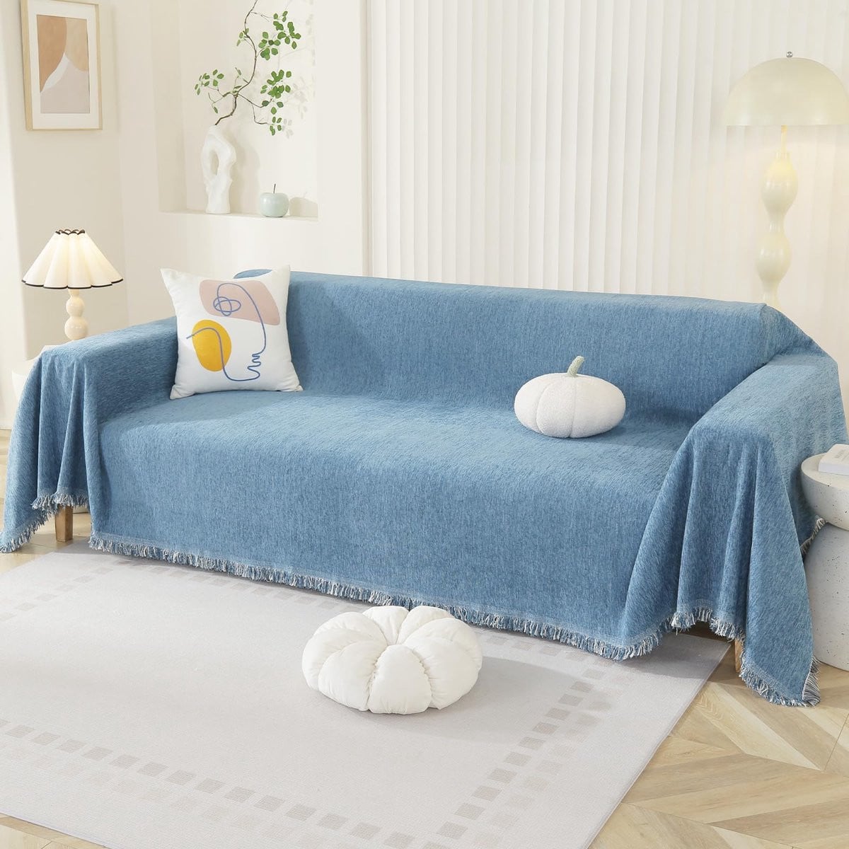 Unyqoos Stijlvolle Chenille Bankhoes met Decoratieve Kwastjes in Saffierblauw