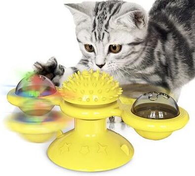 Inspire Curations Windmill Interactive Cat Toy With Suction Cup, Catnip Ball Toy & Tooth Cleaning Brush yellow