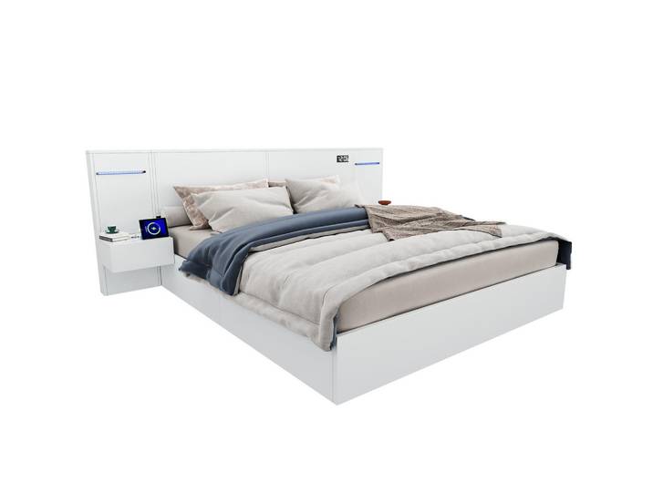 Redom Doppelbett 160/200 cm aus MDF mit Usb-A/Usb-C, Bluetooth-Lautsprechern, Uhr, LED-Lichtleiste und 2 Nachttischen, Weiß, 160x200 cm, Schlafzimmer, Betten, Polsterbetten
