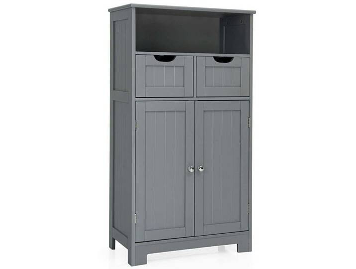 Rangement optimisé armoire de salle de bain 2 tiroirs 2 portes étagère réglable meuble sur pied gris