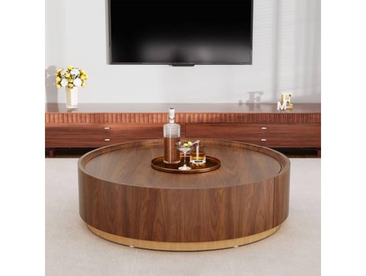 YYZIWYUN Runder Couchtisch in Braun Mit Versteckten Schubladen, Einzigartiger Runder Holztisch Moderner Trommeltisch Mit Holzfurnier, Für Wohnzimmer, Kleine Wohnungen, Einfache Montage,Brown 35.4