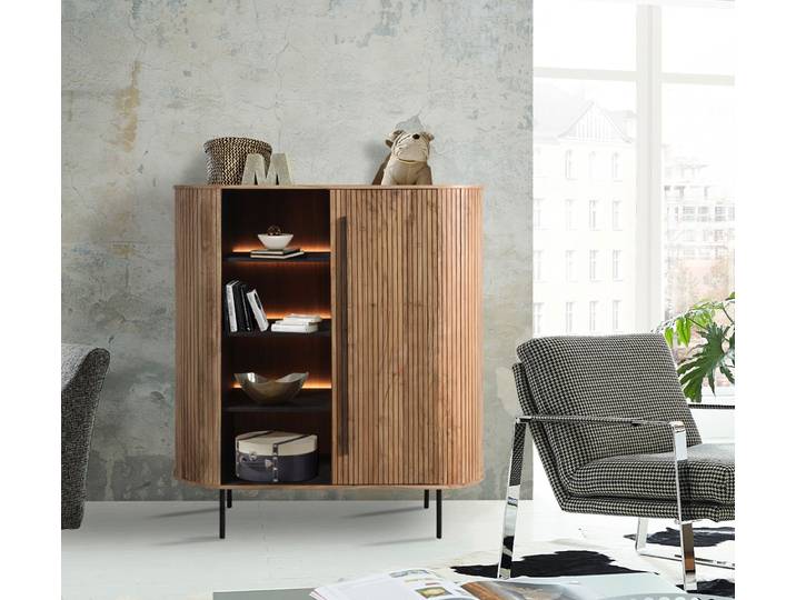 Highboard Bronx aus massivem Akazienholz mit integrierter LED-Beleuchtung – Montierte Lieferung – 3%-Vorkasse-Rabatt