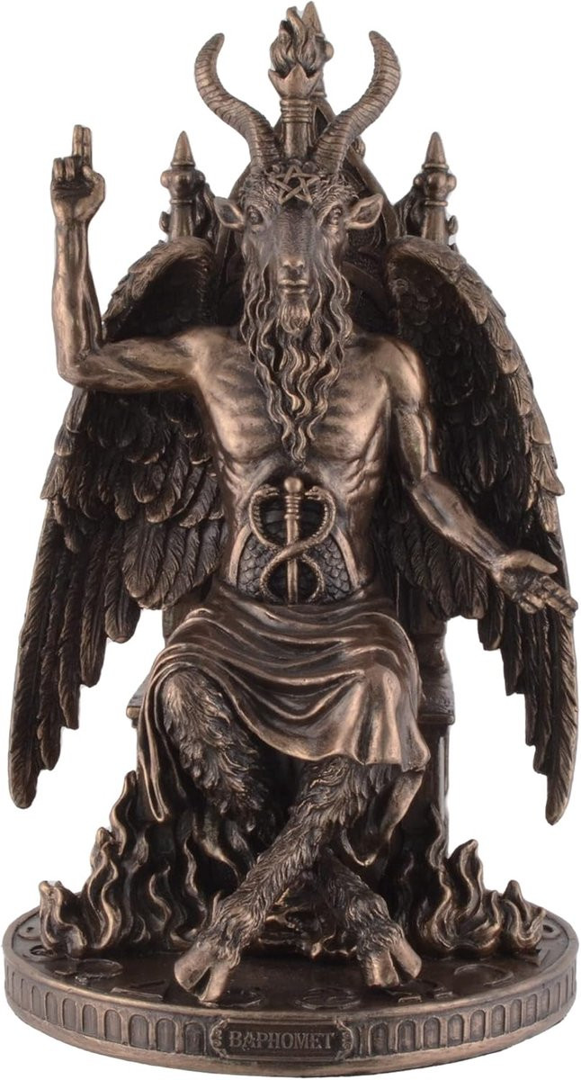 Baphomet beeld - Godheid op troon - Bronskleurig - 14 x 24 cm