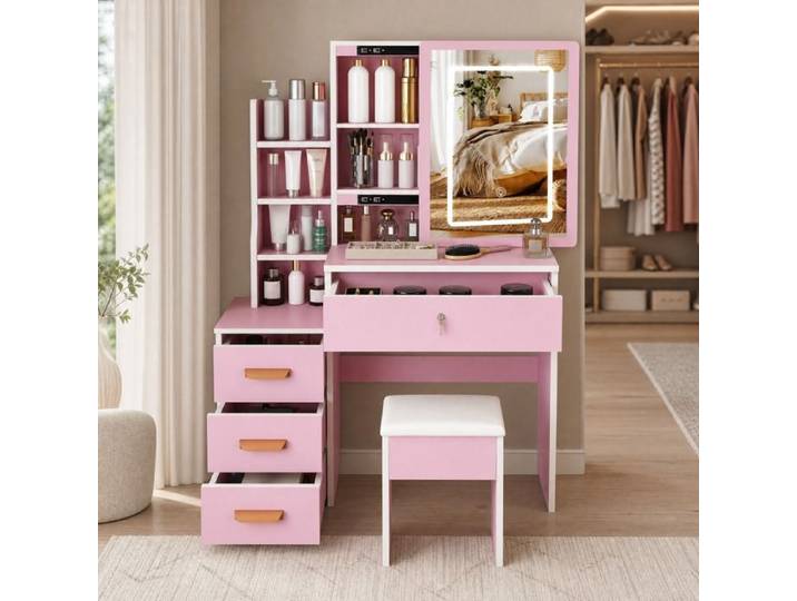 VUENOR Coiffeuse 85x36x130 cm rose – miroir LED 4 tiroirs avec tabouret