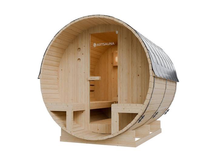 Artsauna Fasssauna Spitzbergen 220 cm mit zwei Bänken (6 Personen), Naturfarben, Holz, 185x190x220 cm, Freizeit & Co, Wellness & Gesundheit, Sauna