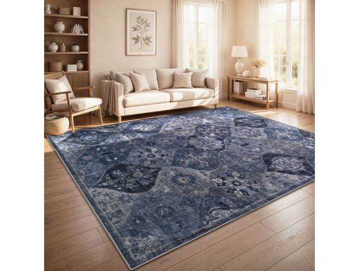 Paco Home Tapis Vintage Boho Moderne Salon Ras Court Lavable Antiderapant Bleu Bleu 160x220 cm