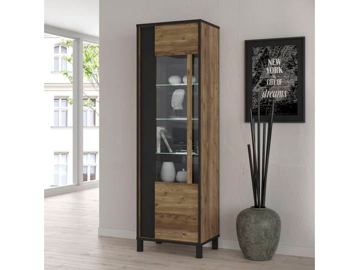 Vitrine FORTE Hayato , beige (schwarz, alipe kiefer), B:59,8cm H:194cm T:42cm, Schränke, Vitrine, Höhe ca. 194 cm