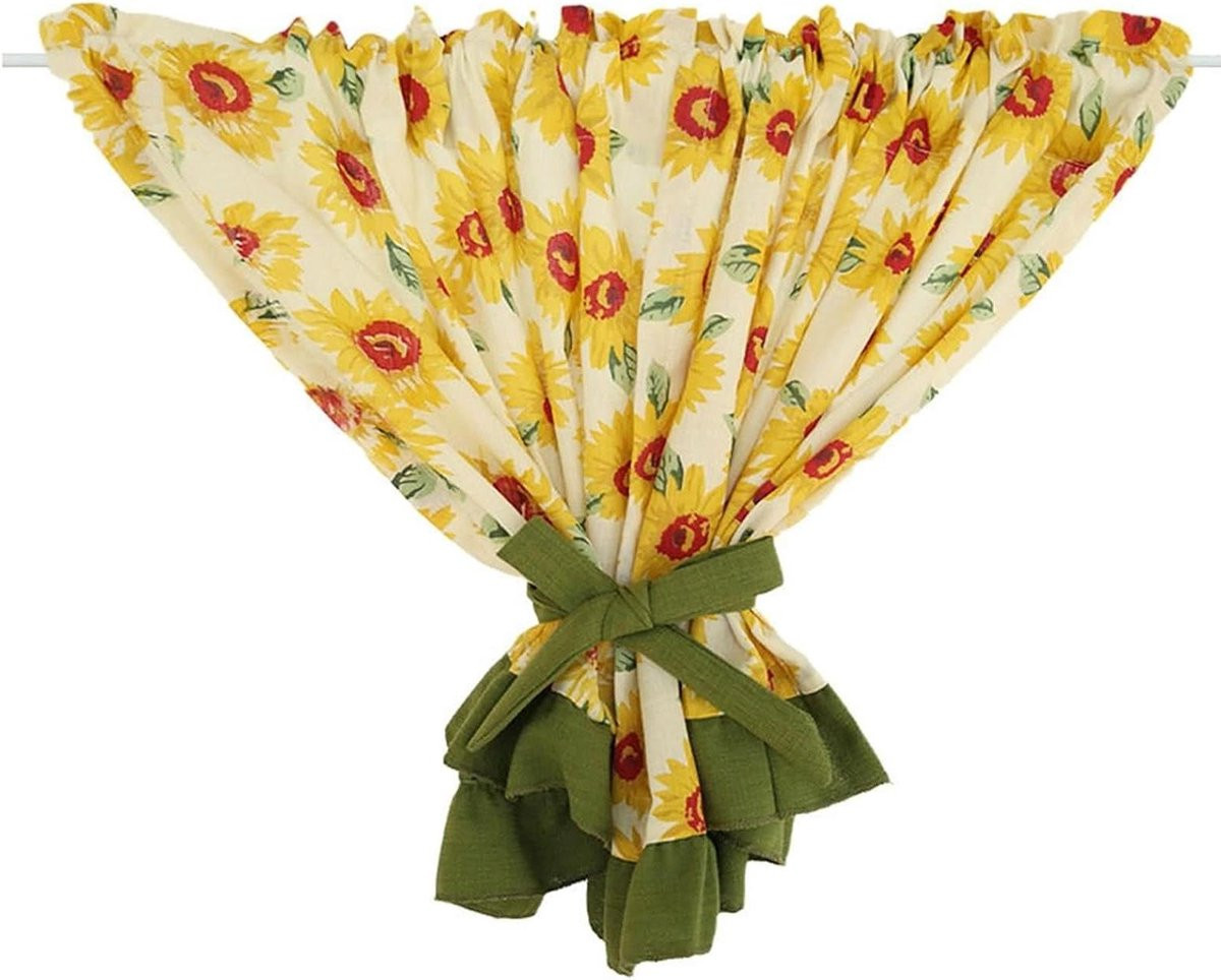 Vitrage Keukengordijn met Zonnebloemmotief - Geel Groen - B: 135 cm, H: 80 cm